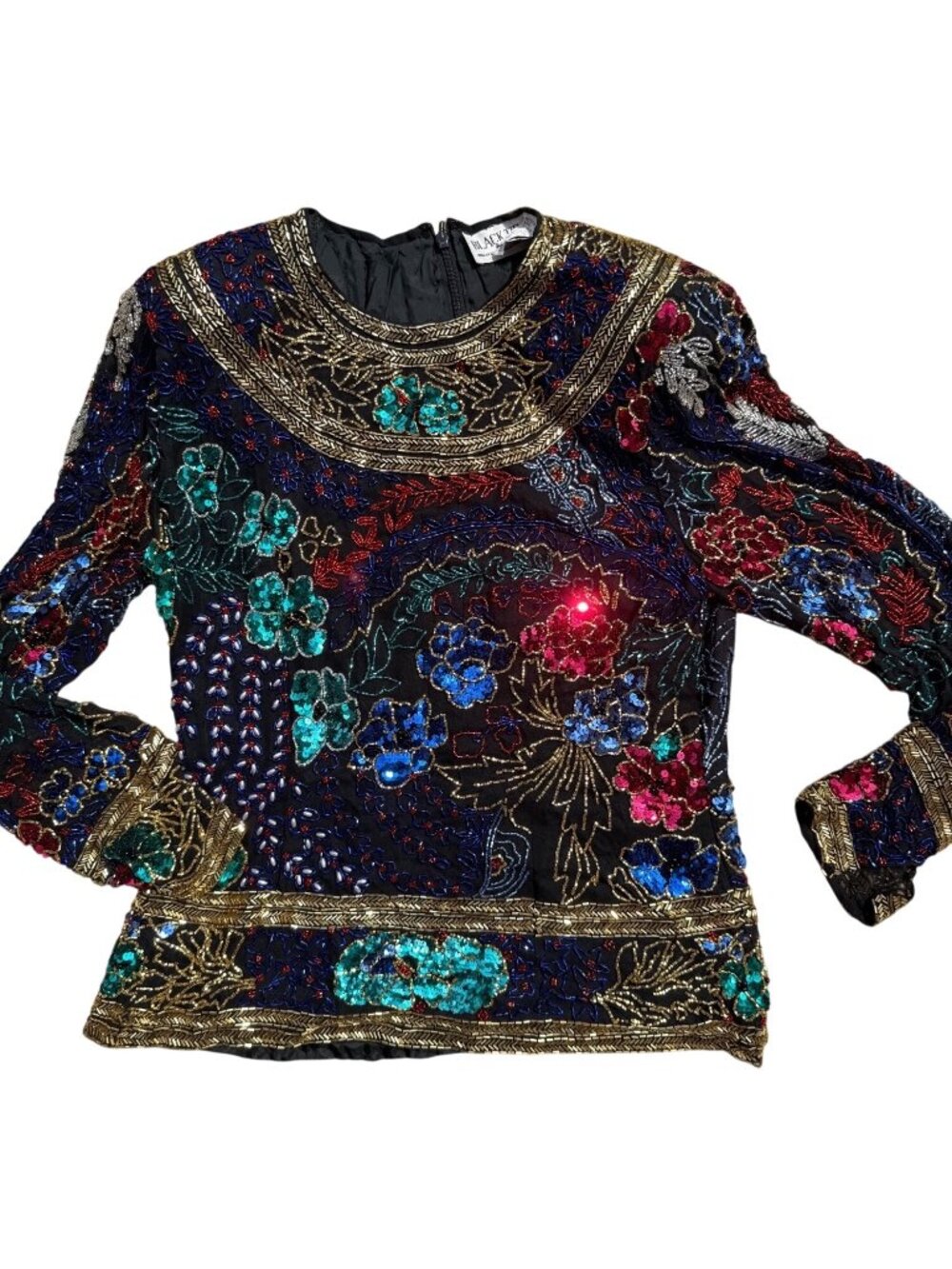 Black Tie Blouse Black Silk Colorful Beaded Sequin Sz Medium Wearable Art VTG